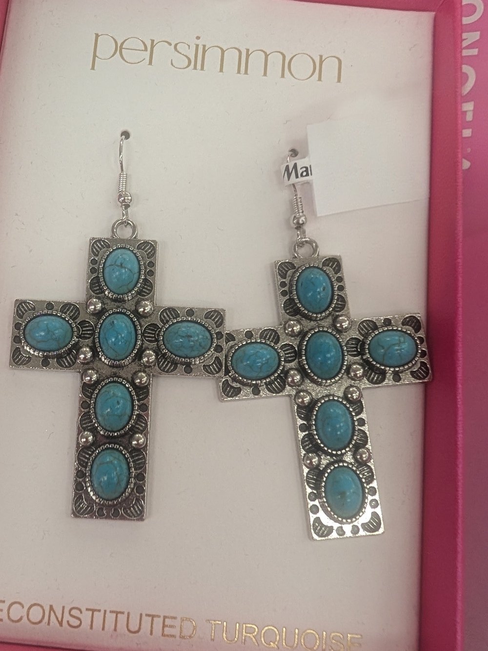 Persimmon Turquoise Cross Earrings - Silver-Tone with Blue Stones